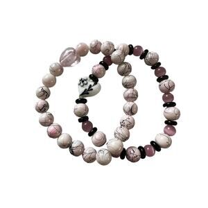 Pair of Pink and Black Glass Heart Beaded Stretch Bracelets